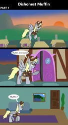 Size: 1920x3516 | Tagged: safe, artist:platinumdrop, derpibooru import, derpy hooves, comic:dishonest muffin, comic, commission, flying, image, living room, monologue, png, ponyville, solo, speech bubble, sunset, talking