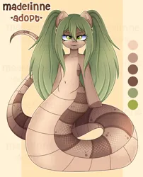 Size: 3420x4231 | Tagged: safe, artist:madelinne, derpibooru import, oc, lamia, original species, pony, adoptable, adoptable open, adoption, fangs, female, green hair, image, long hair, mare, png, ponytails, simple background, solo