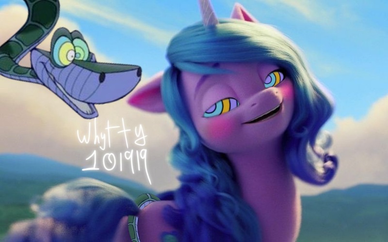 Size: 1152x720 | Tagged: safe, artist:whitty101919, derpibooru import, edit, editor:whitty101919, screencap, izzy moonbow, snake, unicorn, g5, my little pony: a new generation, blushing, hypno eyes, hypnosis, image, jpeg, kaa, kaa eyes