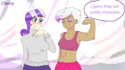 Size: 1280x720 | Tagged: safe, artist:gorillaz-24, derpibooru import, gilda, twilight velvet, human, blushing, crack shipping, eyes closed, flexing, grin, humanized, image, jpeg, shipping, smiling, sweat