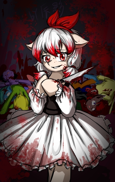 Size: 1039x1640 | Tagged: grimdark, artist:chen_ying, derpibooru import, oc, oc:cunbenmapleleaf, earth pony, bipedal, blood, blood stains, bow, clothes, corpse, dress, hair bow, hoof hold, image, jpeg, knife, murder, red background, red eyes, simple background, smiling, walking towards you