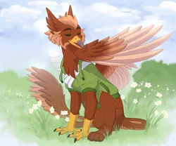 Size: 1200x1000 | Tagged: safe, artist:purplegrim40, derpibooru import, oc, oc:pavlos, unofficial characters only, gryphon, broken bone, broken wing, cast, chest fluff, eared griffon, eyes closed, feather, grass, griffon oc, grooming, image, injured, one wing out, outdoors, png, preening, sling, wing cast, wing fluff, wing sling, wings