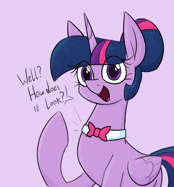 Size: 1190x1272 | Tagged: safe, artist:moonatik, derpibooru import, twilight sparkle, twilight sparkle (alicorn), alicorn, pony, abstract background, alternate hairstyle, bowtie, colored sketch, cute, female, hair bun, image, mare, png, sketch, solo, talking to viewer