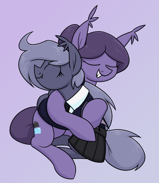 Size: 1275x1467 | Tagged: safe, artist:moonatik, derpibooru import, oc, oc:arlia, oc:selenite, unofficial characters only, bat pony, pony, abstract background, bat pony oc, bat wings, clothes, cuddling, cute, fanfic art, fangs, female, hair bun, hug, image, mare, mother and child, mother and daughter, necktie, png, ponytail, school uniform, shirt, skirt, smiling, solo, wings