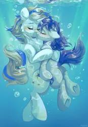 Size: 1280x1854 | Tagged: safe, artist:pledus, derpibooru import, oc, unofficial characters only, pony, unicorn, blushing, bubble, chest fluff, crepuscular rays, digital art, duo, eyes closed, female, flowing mane, flowing tail, horn, hug, image, jpeg, kissing, male, mare, ocean, shipping, signature, stallion, stallion oc, sunlight, tail, underwater, water