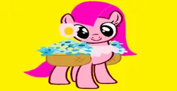 Size: 1280x658 | Tagged: safe, artist:disneyponyfan, derpibooru import, ponified, earth pony, pony, base used, basket, flower, flower bubble, flower in hair, foofa, g4, image, jpeg, logo, nick jr., pink hair, pink mane, pink tail, rule 85, simple background, smiling, solo, tail, yellow background, yo gabba gabba!
