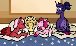 Size: 2000x1231 | Tagged: suggestive, artist:manticorpse, derpibooru import, oc, oc:blacklight bulb, oc:lemon meringue, oc:raspberry sorbet, oc:strawberry syrup, earth pony, pegasus, pony, unicorn, aftermath, bed, bed sheets, bedroom, blue eyes, cuckold, cuckolding, cuddling, curved horn, estrus, eyes closed, funny, funny face, heat, horn, image, meme, on bed, pillow, pink coat, png, purple coat, red coat, simple background, wings, yellow coat