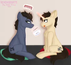 Size: 1562x1429 | Tagged: safe, artist:revenge.cats, derpibooru import, ponified, earth pony, pony, unicorn, blushing, comb, gay, ice nine kills, image, magic, magic aura, male, png, ricky armellino, sitting, spencer charnas, tongue out