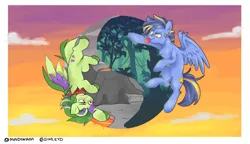 Size: 2539x1459 | Tagged: safe, artist:dim leyd, artist:madiwann, derpibooru import, oc, oc:dreamy damsel, oc:shining trophy, unofficial characters only, pegasus, pony, blue mane, collaboration, female, green mane, image, jungle, male, mare, png, simple background, stallion, volcano, wings, yin-yang