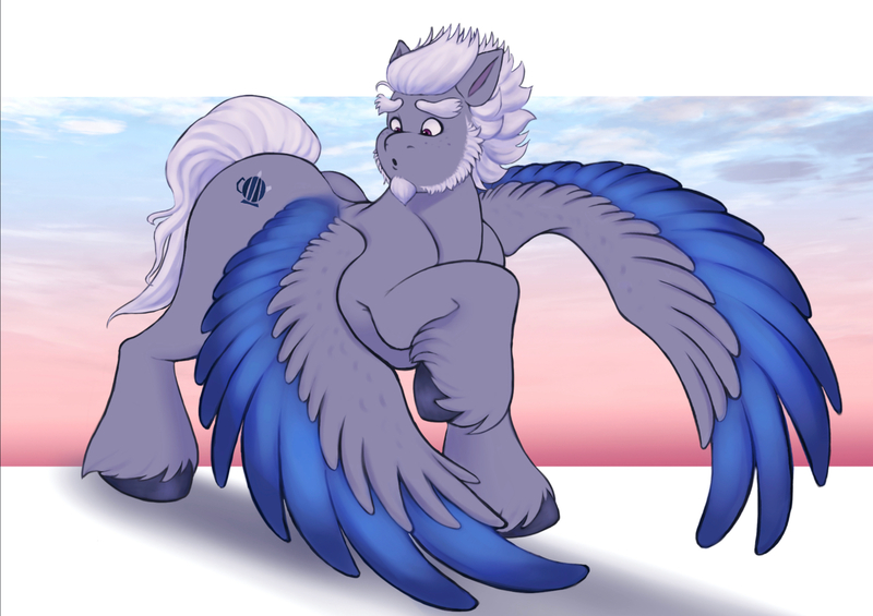 Size: 2716x1918 | Tagged: safe, artist:sallylla, derpibooru import, pegasus, pony, g5, :o, alphabittle blossomforth, beard, eyebrows, facial hair, full body, hooves, image, jpeg, looking at self, male, open mouth, race swap, raised hoof, solo, spread wings, stallion, standing, sunset, surprised, unshorn fetlocks, wings