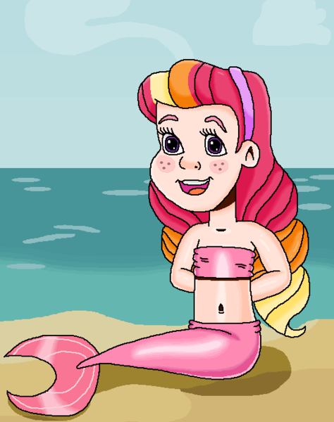 Size: 547x693 | Tagged: safe, artist:ocean lover, derpibooru import, oc, oc:honeycrisp blossom, unofficial characters only, human, mermaid, adorable face, bandeau, bare shoulders, beach, belly, belly button, bikini, bikini top, blush lines, blushing, cheerful, child, clothes, cloud, cute, fins, fish tail, freckles, friendly, hairband, happy, human coloration, humanized, image, innocent, light skin, looking at you, mermaid tail, mermaidized, mermay, midriff, ms paint, multicolored hair, ocean, offspring, open mouth, open smile, outdoors, parent:big macintosh, parent:princess cadance, parents:cadmac, png, purple eyes, sand, sitting, sky, sleeveless, smiling, smiling at you, species swap, strapless, swimsuit, tail, tail fin, water, wave