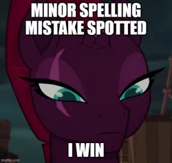 Size: 528x500 | Tagged: safe, derpibooru import, edit, edited screencap, editor:icicle-wicicle-1517, screencap, tempest shadow, pony, unicorn, my little pony: the movie, broken horn, caption, cropped, eye scar, facial scar, female, grammar nazi, horn, image, image macro, imgflip, jpeg, mare, meme, scar, solo, text