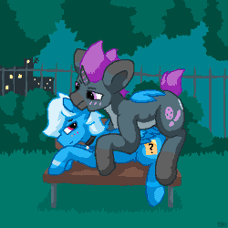 Size: 400x400 | Tagged: safe, artist:vohd, derpibooru import, oc, oc:ex, oc:fade sunshine, unofficial characters only, pegasus, pony, unicorn, animated, bench, biting, blushing, bush, collar, cuddling, ear bite, fence, gif, hug, image, looking at each other, looking at someone, park, pixel art, tree