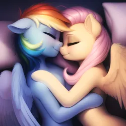 Size: 2560x2560 | Tagged: safe, ai content, derpibooru import, machine learning generated, novelai, stable diffusion, fluttershy, rainbow dash, pegasus, pony, bed, bedroom, cuddling, cute, duo, duo female, eyes closed, female, flutterdash, happy, high res, image, jpeg, lesbian, looking at each other, looking at someone, lying down, mare, pillow, prompter:endless--, shipping, side, smiling, smiling at each other, snuggling, spread wings, wings