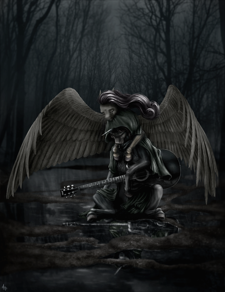 Size: 1000x1300 | Tagged: grimdark, artist:adept_fluttershy, derpibooru import, fluttershy, oc, forest, image, melancholy, png, sad, tree