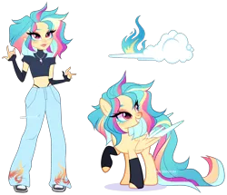 Size: 4662x4002 | Tagged: safe, artist:gihhbloonde, derpibooru import, oc, unofficial characters only, human, pegasus, pony, equestria girls, clothes, grin, human ponidox, image, magical lesbian spawn, offspring, pants, parent:lightning dust, parent:rainbow dash, parents:rainbowdust, png, self paradox, self ponidox, simple background, smiling, transparent background