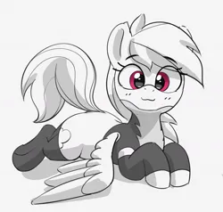 Size: 1200x1141 | Tagged: safe, artist:pabbley, derpibooru import, rainbow dash, pegasus, pony, :3, black and white, blushing, clothes, cute, dashabetes, eye clipping through hair, eyebrows, eyebrows visible through hair, female, grayscale, image, jpeg, looking at you, lying down, mare, monochrome, partial color, prone, raised tail, simple background, smiling, smiling at you, socks, solo, sploot, stockings, tail, thigh highs, uniform, white background, wonderbolts uniform