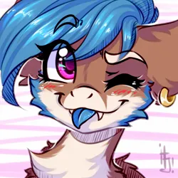 Size: 1200x1200 | Tagged: safe, artist:falafeljake, derpibooru import, oc, oc:lissy fluffball, blue mane, bust, chest fluff, cute, ear fluff, ear piercing, image, jpeg, looking at you, one eye closed, piercing, pink eyes, portrait, tongue out, wink, winking at you