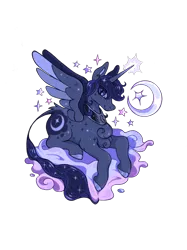 Size: 1280x1714 | Tagged: safe, artist:regenko, derpibooru import, princess luna, alicorn, pony, alternate hairstyle, image, leonine tail, moon, png, redesign, simple background, solo, spread wings, tail, transparent background, wings