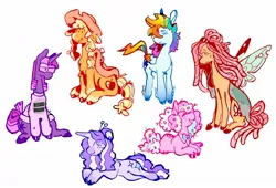 Size: 1280x868 | Tagged: safe, artist:regenko, derpibooru import, applejack, fluttershy, pinkie pie, rainbow dash, rarity, twilight sparkle, butterfly, butterfly pony, earth pony, hybrid, insect, pegasus, pony, unicorn, alternate design, bowtie, braid, braided pigtails, butterfly wings, clothes, cowboy hat, dreadlocks, glasses, hat, image, jpeg, mane six, pigtails, redesign, saddle, simple background, sweater, tack, twitterina design, white background, wings
