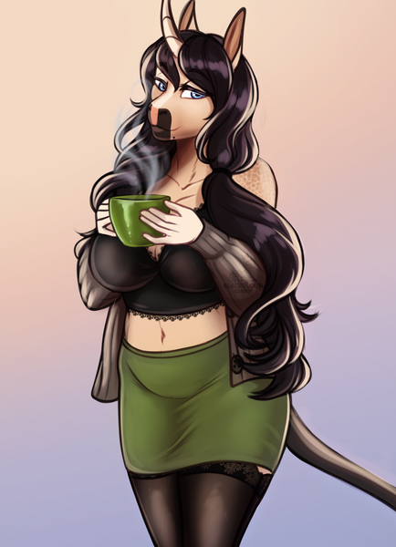 Size: 2311x3195 | Tagged: safe, artist:blackblood-queen, derpibooru import, oc, oc:beryl lovegreen, unofficial characters only, anthro, unguligrade anthro, unicorn, anthro oc, belly button, clothes, coffee mug, curved horn, digital art, female, gilf, gradient background, grandmother, horn, image, leonine tail, midriff, milf, mug, png, smiling, solo, tail, unicorn oc