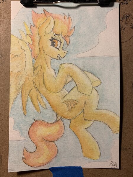 Size: 2986x3981 | Tagged: safe, artist:reddthebat, derpibooru import, spitfire, pegasus, pony, female, flying, grin, image, jpeg, lidded eyes, looking at you, mare, smiling, smiling at you, solo, spread wings, traditional art, watercolor painting, wings