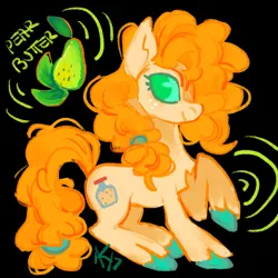 Size: 1111x1111 | Tagged: safe, artist:sillyfillies, derpibooru import, pear butter, earth pony, pony, black background, colored hooves, food, freckles, green eyes, image, pear, png, simple background, solo