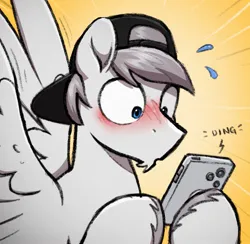 Size: 2005x1953 | Tagged: safe, artist:selenophile, derpibooru import, oc, oc:seleno, unofficial characters only, pegasus, pony, backwards ballcap, baseball cap, blushing, blushing profusely, cap, hat, image, jpeg, male, mobile phone, pegasus oc, phone, solo, spread wings, stallion, surprised, sweat, wingboner, wings