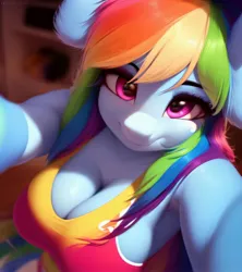 Size: 2560x2879 | Tagged: safe, derpibooru import, editor:lombaxjenni, machine learning generated, stable diffusion, rainbow dash, anthro, pegasus, ai content, big breasts, breasts, cleavage, clothes, generator:purplesmart.ai, image, jpeg, selfie, sports bra, the quality of ai art is frightening