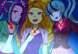 Size: 2048x1431 | Tagged: safe, artist:sugarcube269, derpibooru import, adagio dazzle, aria blaze, sonata dusk, human, equestria girls, rainbow rocks, female, gem, glow, grin, image, jpeg, open mouth, open smile, sidemouth, siren gem, smiling, the dazzlings, trio, trio female