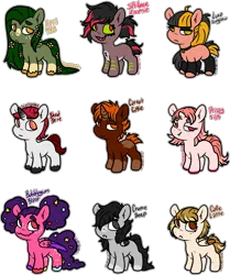 Size: 2293x2738 | Tagged: safe, artist:sexygoatgod, derpibooru import, oc, oc:april may, oc:blood drive, oc:bubblegum blast, oc:cafe latte, oc:carrot cake, oc:crome deep, oc:luna sunglow, oc:prissy silk, oc:spritzee zoomie, unofficial characters only, earth pony, pegasus, pony, unicorn, adoptable, chibi, female, image, male, png, simple background, small wings, transparent background, wings