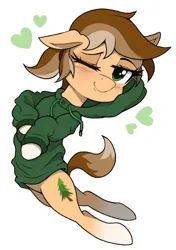 Size: 785x1112 | Tagged: safe, artist:spackle, derpibooru import, oc, oc:amber evergreen, oc:buck evergreen, earth pony, pony, blushing, clothes, coat markings, female, heart, hoodie, image, jpeg, lying down, mare, markings, one eye closed, ponytail, rule 63, simple background, simple shading, smiling, socks (coat marking), solo, wink