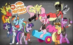 Size: 8000x5000 | Tagged: safe, artist:zeffdakilla, derpibooru import, applejack, berry punch, berryshine, derpy hooves, fluttershy, pinkie pie, rainbow dash, rarity, spitfire, twilight sparkle, alicorn, earth pony, pegasus, pony, unicorn, alcohol, bandage, beanie, bipedal, bullet, carrying, clothes, crossover, demoman, derp, engiejack, engineer, flamethrower, fluttermedic, flying, gas mask, gloves, grenade, hard hat, hat, headphones, heavy, heavy weapons guy, hoof on chest, image, jacket, logo, looking at you, looking sideways, mask, medi gun, medic, open mouth, party cannon, png, pyro, rainbow scout, raised arm, raised hoof, raised leg, rarispy, scared, scout, sitting, smiling, sniper, soldier, spread wings, spy, standing, suit, team fortress 2, twilight sniper, unicorn twilight, vest, weapon, wings, yelling