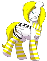 Size: 558x718 | Tagged: safe, artist:spakka5, derpibooru import, edit, editor:godson, oc, oc:sweet cream, unofficial characters only, pegasus, pony, clothes, female, image, mare, png, scarf, simple background, socks, solo, striped, striped socks, thigh highs, transparent background