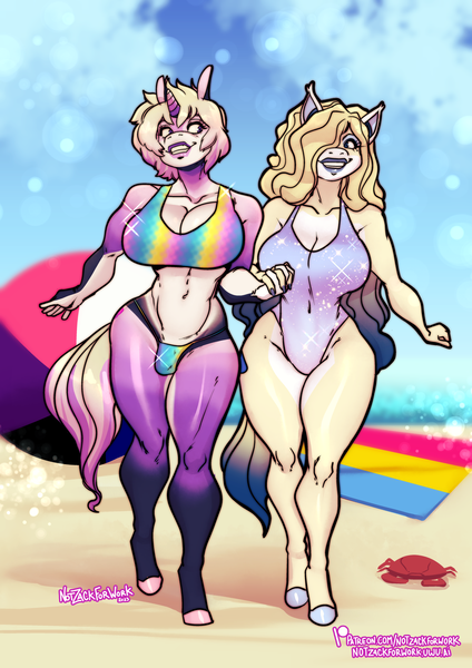 Size: 1400x1983 | Tagged: suggestive, artist:notzackforwork, derpibooru import, oc, unofficial characters only, anthro, bat pony, crab, unguligrade anthro, unicorn, bat pony oc, bat wings, beach, beach ball, beach towel, belly, belly button, big breasts, bisexual pride flag, breasts, cleavage, clothes, coat markings, crotch bulge, ear tufts, ears, ears up, eyebrows, eyelashes, eyeliner, eyeshadow, female, female oc, futa, futa oc, hair over one eye, hips, holding hands, horn, image, intersex, lips, long hair, looking at each other, looking at someone, makeup, muscles, muscular female, muscular futa, nostrils, one eye covered, one-piece swimsuit, outdoors, pansexual pride flag, png, pride, pride flag, rainbow, short hair, smiling, snout, socks (coat marking), swimsuit, tail, teeth, thighs, thunder thighs, towel, two toned hair, two toned tail, two-piece swimsuit, unicorn horn, unicorn oc, waist, wavy hair, wide hips, wings