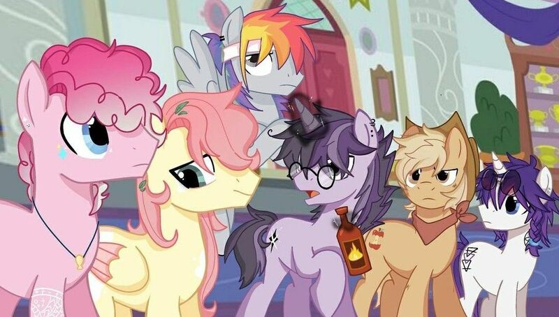 Size: 1080x613 | Tagged: artist needed, source needed, safe, derpibooru import, applejack, fluttershy, pinkie pie, rainbow dash, rarity, twilight sparkle, earth pony, pegasus, pony, unicorn, alternate cutie mark, applejack (male), applejack's hat, bandana, bottle, bubble berry, butterscotch, cowboy hat, dusk shine, ear piercing, earring, elusive, flying, folded wings, glasses, glow, glowing horn, group, hat, headband, horn, hot sauce, image, indoors, jewelry, jpeg, male, mane six, messy mane, necklace, open mouth, piercing, rainbow blitz, raised hoof, rule 63, shy, spread wings, stallion, standing, tattoo, wings