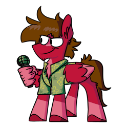 Size: 1800x1800 | Tagged: safe, artist:grandfinaleart, derpibooru import, oc, oc:grand finale, unofficial characters only, pegasus, pony, animated, brown eyes, brown hair, brown mane, brown tail, chin fluff, clothes, digital art, facial hair, folded wings, friday night funkin', gif, goatee, hawaiian shirt, image, looking at you, male, microphone, pegasus oc, red fur, shirt, smiling, solo, stallion, stallion oc, standing, tail, unshorn fetlocks, wing hands, wings