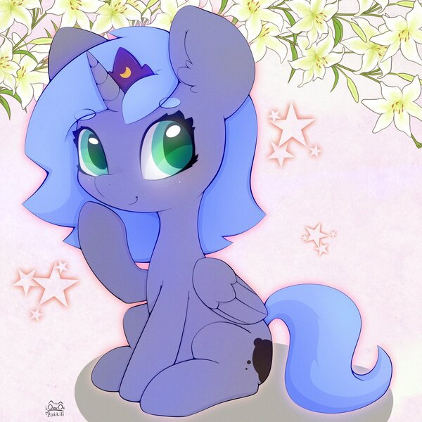 Size: 3000x3000 | Tagged: safe, artist:zokkili, derpibooru import, princess luna, alicorn, pony, chibi, crown, cute, female, filly, folded wings, green eyes, hoof on chin, image, jewelry, jpeg, regalia, sitting, smiling, solo, wings, woona, younger