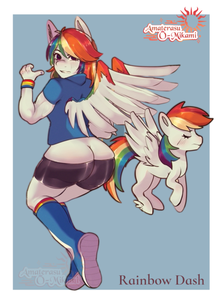 Size: 2500x3500 | Tagged: suggestive, artist:sh1ann, derpibooru import, rainbow dash, anthro, pegasus, plantigrade anthro, pony, anthro ponidox, ass, blushing, butt, buttcrack, duo, duo female, eyes closed, female, females only, high res, image, looking at you, looking back, looking back at you, name, passepartout, png, rainbutt dash, self ponidox, simple background, spread wings, transparent background, winged hooves, wings