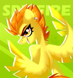 Size: 3000x3200 | Tagged: safe, artist:rtootb, derpibooru import, spitfire, pegasus, pony, bust, cute, digital art, ear piercing, eyeshadow, feather, female, g4, green background, image, looking at you, makeup, mare, open mouth, orange eyes, orange mane, piercing, png, portrait, rock on, simple background, smiling, smiling at you, solo, spread wings, text, tomboy, wings, younger