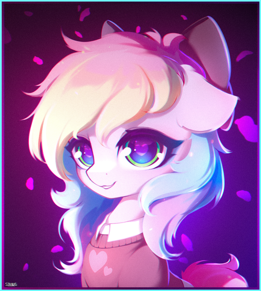 Size: 1350x1500 | Tagged: safe, artist:stahlkat, derpibooru import, oc, oc:blazey sketch, unofficial characters only, pegasus, pony, bow, bust, clothes, cute, hair bow, image, long hair, multicolored hair, pegasus oc, png, portrait, simple background, solo, sweater, wings