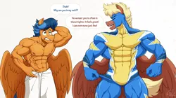 Size: 2430x1365 | Tagged: suggestive, artist:ponyanony, derpibooru import, oc, oc:flex, oc:lightning rider, unofficial characters only, anthro, pegasus, pony, abs, anthro oc, armpits, bodybuilder, bodysuit, clothes, deltoids, dialogue, duo, duo male, image, male, male nipples, muscles, muscular male, nipples, nudity, pecs, pegasus oc, png, simple background, skintight clothes, speech bubble, stallion, thighs, thunder thighs, towel around waist, triceps, uniform, white background, wings, wonderbolts uniform