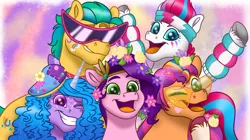 Size: 3352x1873 | Tagged: safe, artist:bella-pink-savage, derpibooru import, hitch trailblazer, izzy moonbow, pipp petals, sunny starscout, zipp storm, earth pony, pegasus, pony, unicorn, g5, my little pony: tell your tale, spoiler:g5, spoiler:my little pony: tell your tale, spoiler:tyts01e25, abstract background, beret, clothes, coat markings, diadem, eyeshadow, face paint, female, flower, flower in hair, glitter, group, hat, headband, image, leg warmers, looking at you, makeup, male, mane five (g5), mane stripe sunny, mare, necktie, one eye closed, open mouth, open smile, png, pony partay, quintet, signature, smiling, socks (coat marking), stallion, sunglasses, underhoof, unshorn fetlocks, wink, winking at you