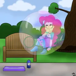 Size: 894x894 | Tagged: safe, artist:super4geek, derpibooru import, pinkie pie, human, equestria girls, bubble, bubble solution, bubble wand, female, image, in bubble, jpeg, pinkie being pinkie, soap bubble, solo