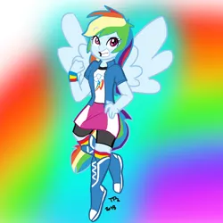Size: 1000x1000 | Tagged: safe, artist:super4geek, derpibooru import, rainbow dash, human, equestria girls, female, humanized, image, png, ponied up, rainbow background, solo, tail, tailed humanization, winged humanization, wings