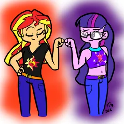 Size: 1000x1000 | Tagged: safe, artist:super4geek, derpibooru import, sci-twi, sunset shimmer, twilight sparkle, equestria girls, abstract background, belly button, clothes, duo, duo female, female, fist bump, image, jeans, midriff, pants, png, tanktop