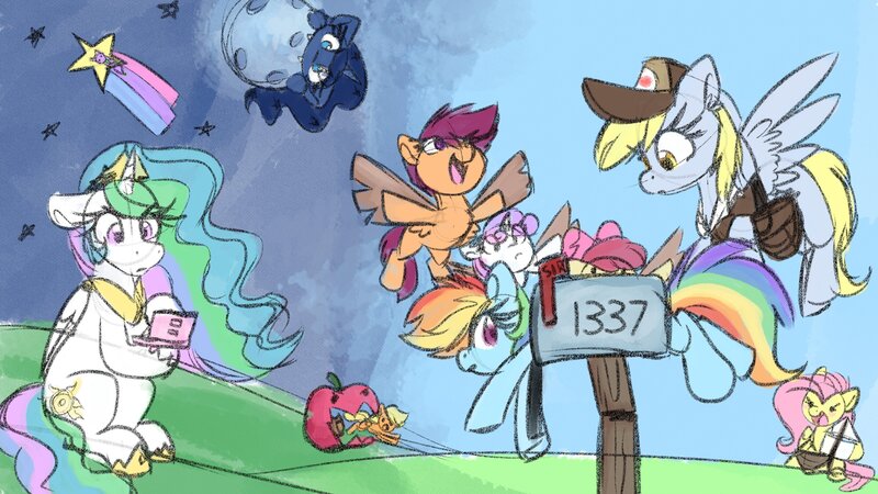 Size: 3840x2160 | Tagged: safe, artist:littleblackraencloud, derpibooru import, apple bloom, applejack, derpy hooves, fluttershy, princess celestia, princess luna, rainbow dash, scootaloo, sweetie belle, alicorn, earth pony, pegasus, pony, unicorn, 1337, apple, cardboard wings, cutie mark crusaders, fake wings, female, filly, floppy ears, foal, food, full moon, hoof hold, image, jpeg, mailpony, mare, moon, nintendo ds, open mouth, open smile, random, scootaloo can fly, sitting, smiling, tangible heavenly object