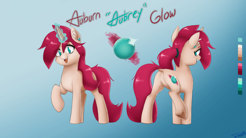 Size: 2795x1573 | Tagged: safe, artist:twigpaste, derpibooru import, oc, oc:aubrey glow, unofficial characters only, pony, unicorn, dock, ear piercing, featureless crotch, glow, glowing horn, gradient background, horn, image, piercing, png, ponytail, reference sheet, simple background, solo, tail, unicorn oc