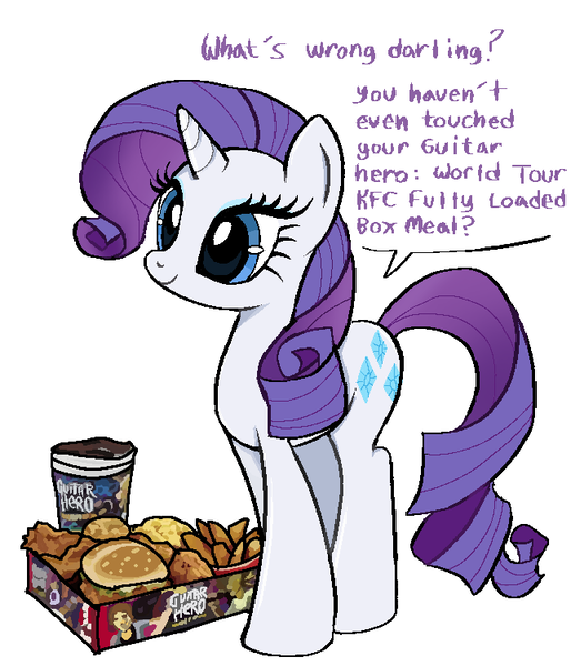 Size: 643x750 | Tagged: safe, artist:muffinz, derpibooru import, rarity, bird, chicken, pony, unicorn, chicken meat, darling, dialogue, eyeshadow, female, food, french fries, g4, guitar hero, image, kfc, makeup, mare, meat, png, product placement, simple background, smiling, solo, white background