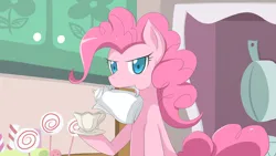 Size: 1000x563 | Tagged: safe, artist:jinzhan, derpibooru import, pinkie pie, earth pony, pony, angry, candy, cup, food, image, jpeg, lollipop, scowl, solo, sugarcube corner, teacup